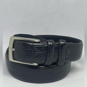 Stylish Black Croc-Embossed LEATHER Belt with Silver Buckle. DRESS BELT.